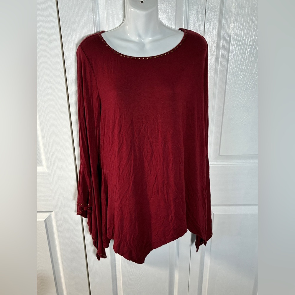 Rain Burgundy Asymmetrical Bell Sleeve Blouse w/ Gold Beaded Trim | Plus 1X